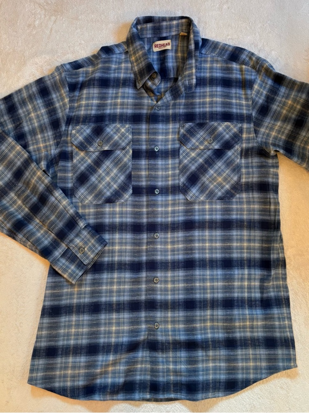 RedHead Men's Navy and Light Blue Plaid Flannel Button-Down Shirt Sz L